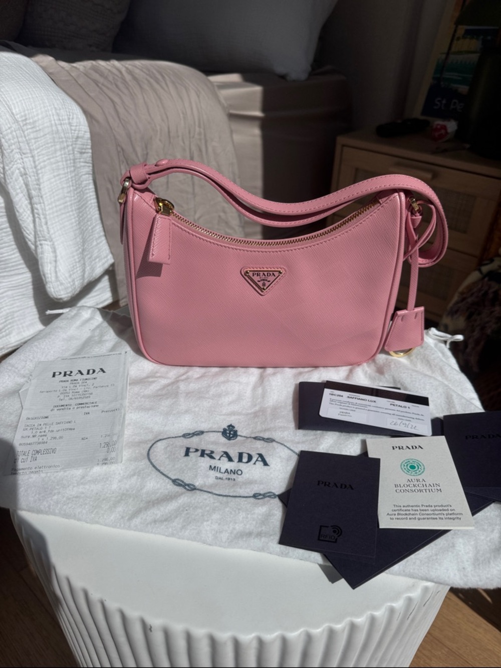 Prada Saffiano Lux Pink Shoulder Bag Petalo Rare Y2K Re-Edition Mini - Picture 11 of 11